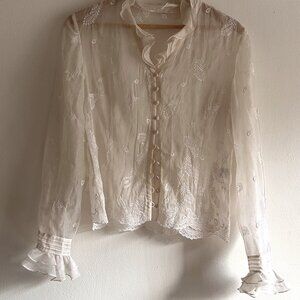 Vintage White-Cream victorian style sheer silk ruffle embroideredblouse - Size S